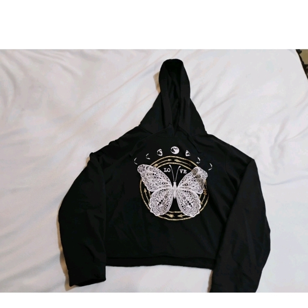 Elegant Black Hoodie with Butterfly Design And Moon Phases